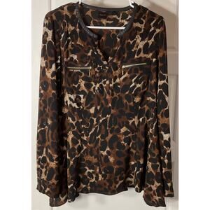 Rafaella Animal Print Long Sleeve V Neck Leather Trim Zipper Pockets M